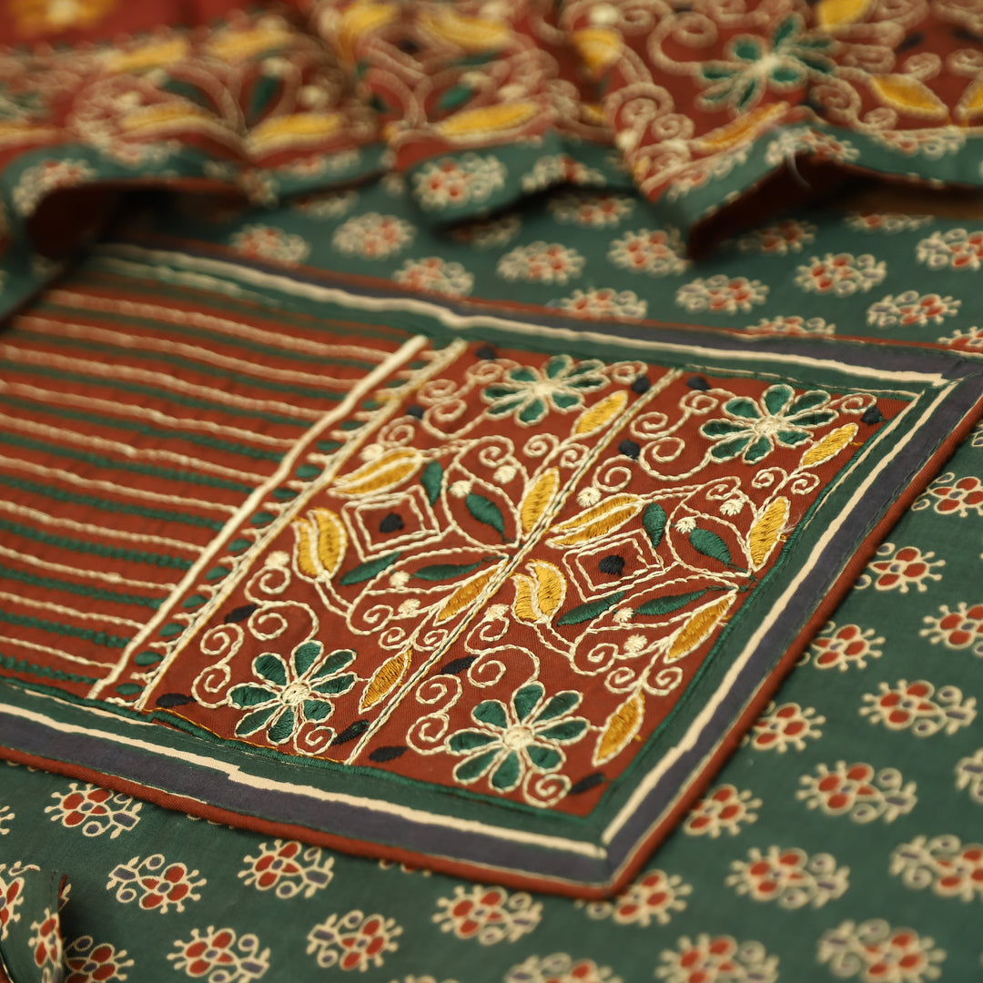 Maurya Forest Green Embroidered Neck Yoke with Ajrak Print Cotton Set