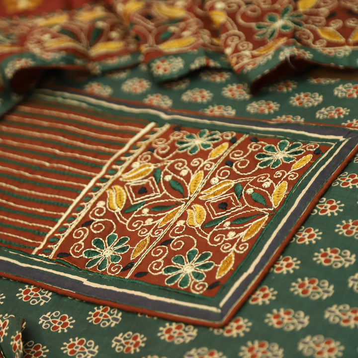 Maurya Forest Green Embroidered Neck Yoke with Ajrak Print Cotton Set
