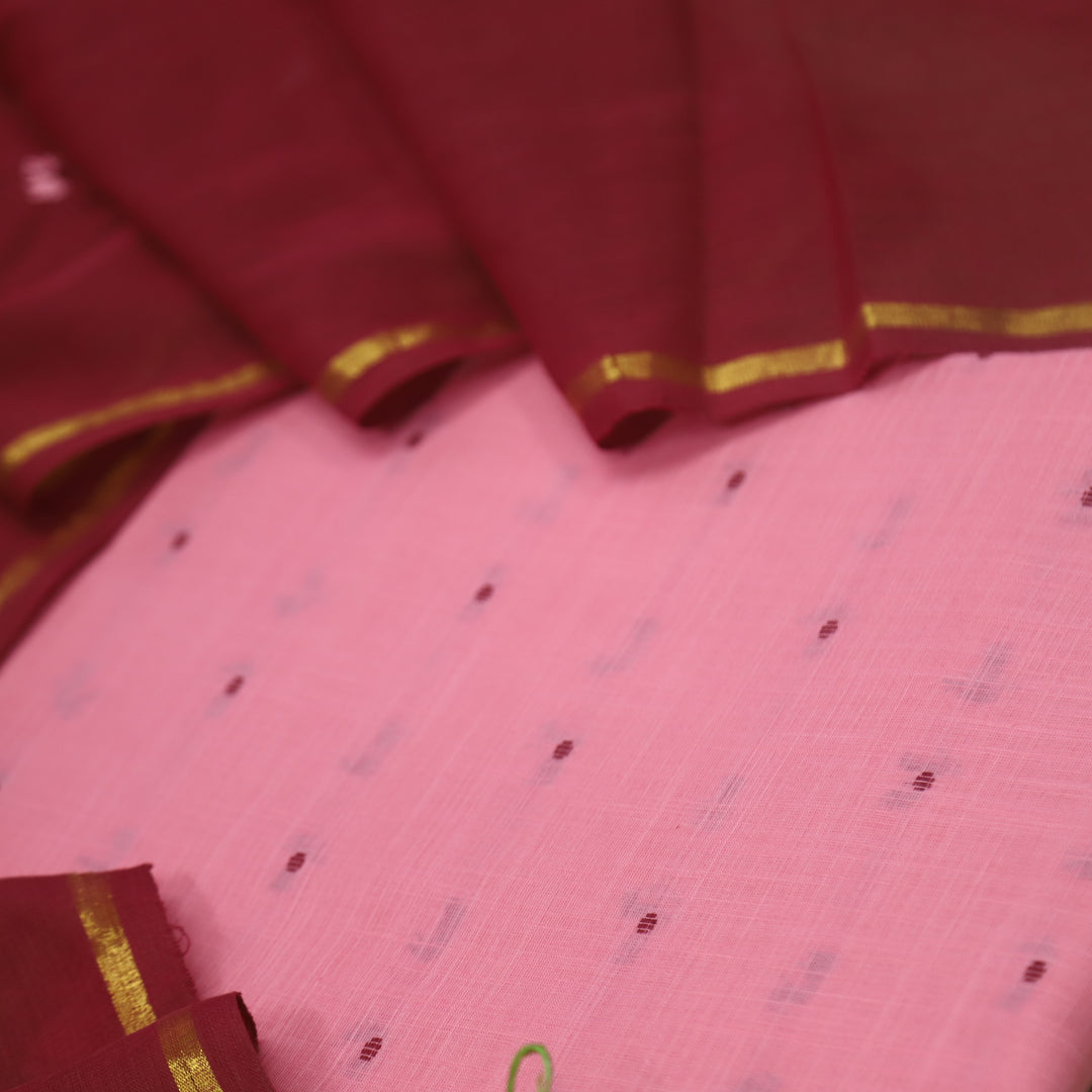 Kinaari Bright Pink Thread Weaved Cotton Suit Set with Embroidered Bottom