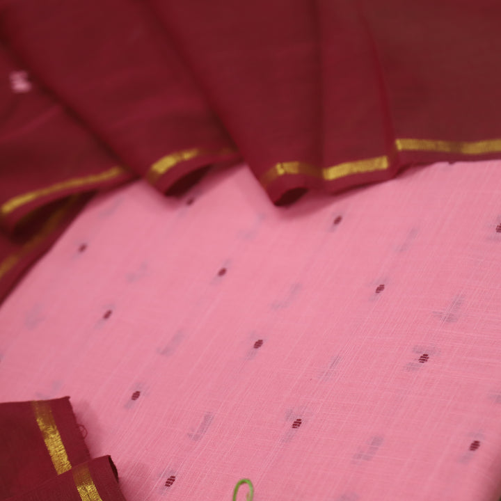 Kinaari Bright Pink Thread Weaved Cotton Suit Set with Embroidered Bottom