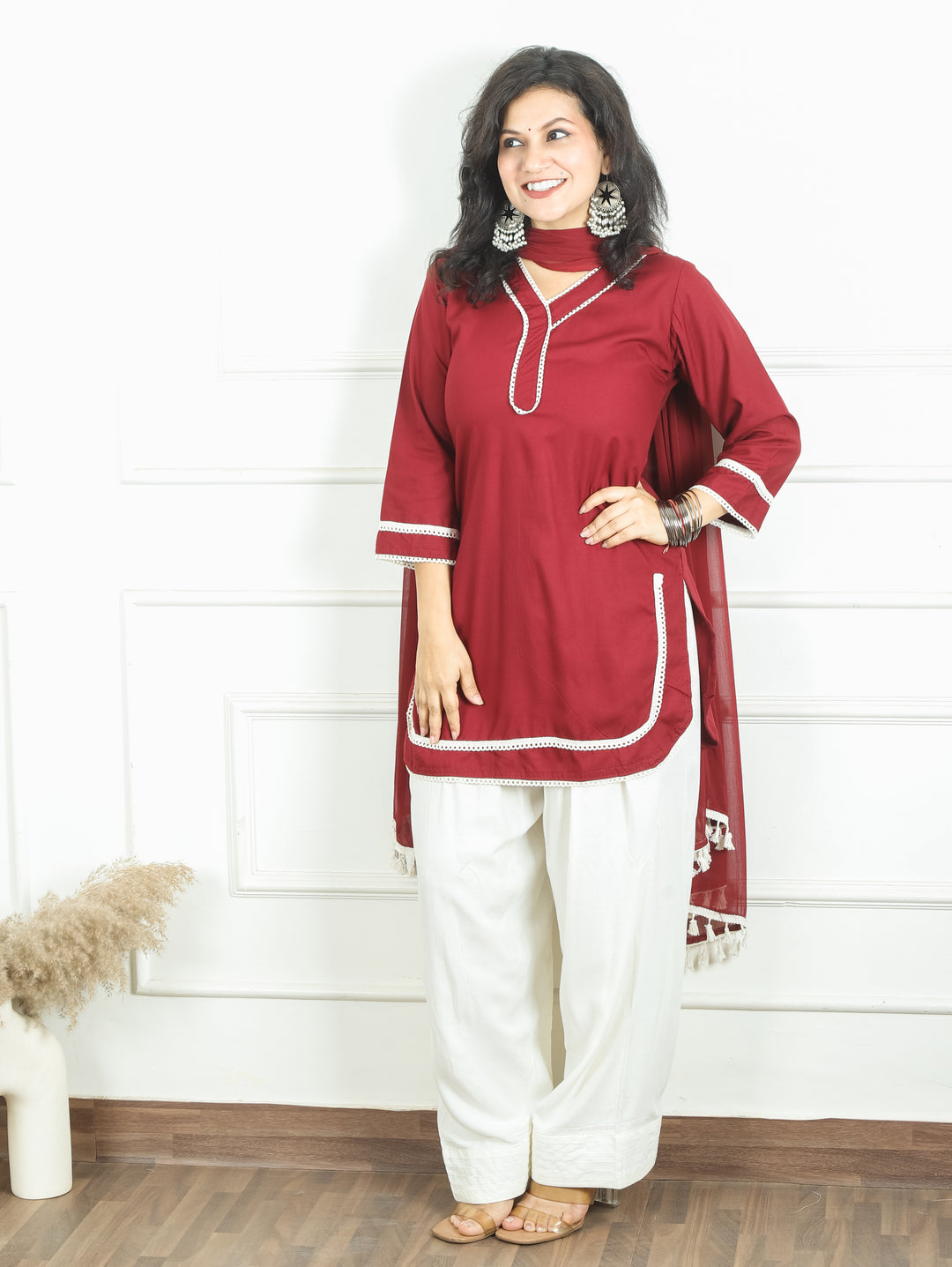 Ahana Maroon Wine Lace Work Farsi Cotton 3 Piece Set