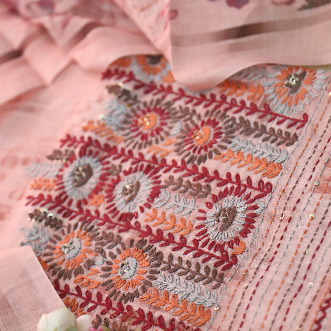 Zulfa Blush Pink Digital Printed Kantha Embriodery Hem Tissue Linen Suit Set