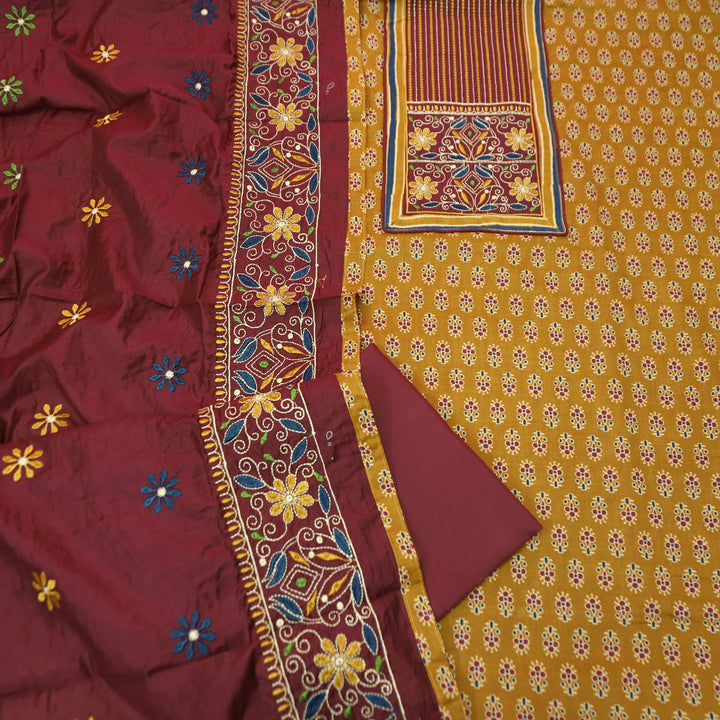 Maurya Peanut Beige Embroidered Neck Yoke with Ajrak Print Cotton Set