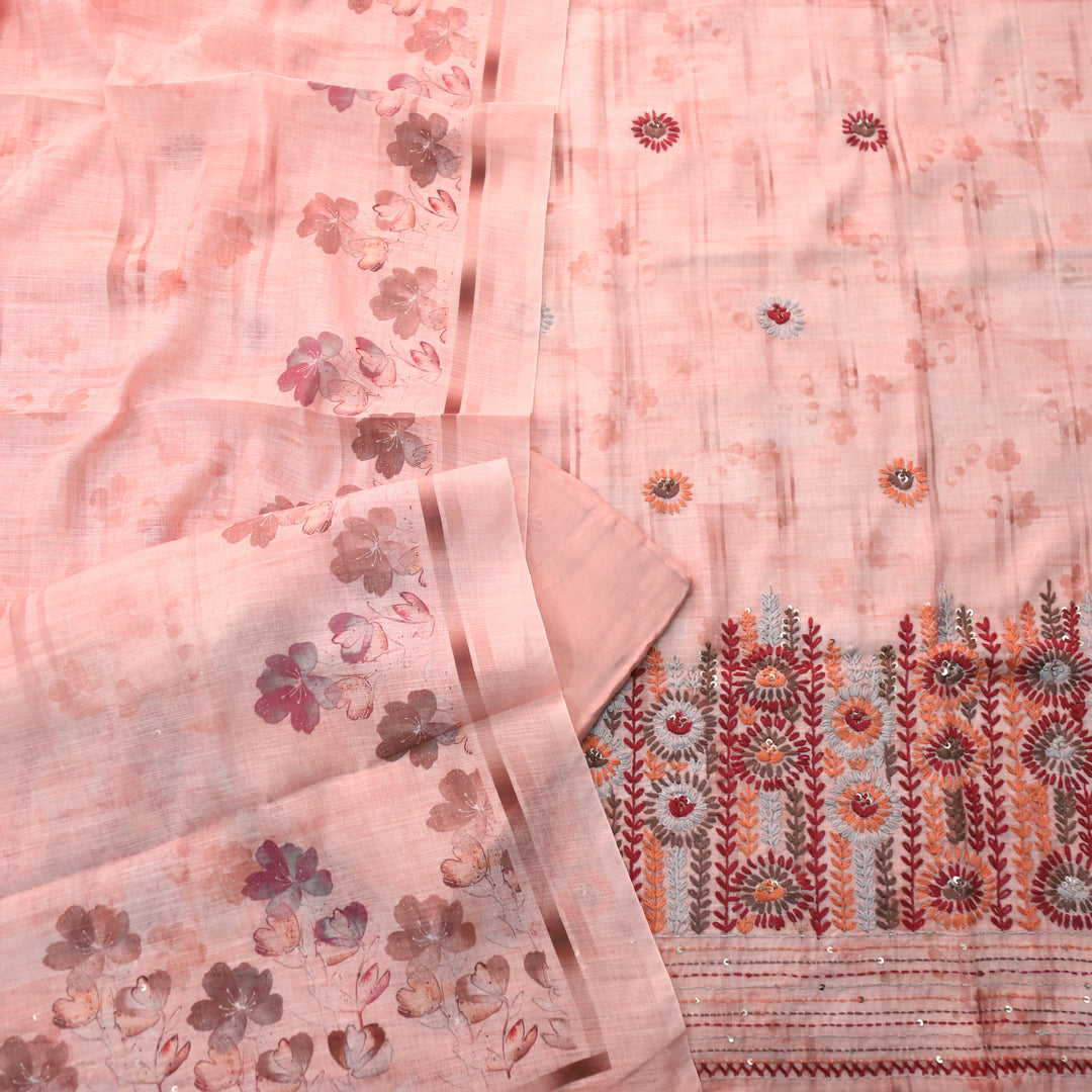 Zulfa Blush Pink Digital Printed Kantha Embriodery Hem Tissue Linen Suit Set