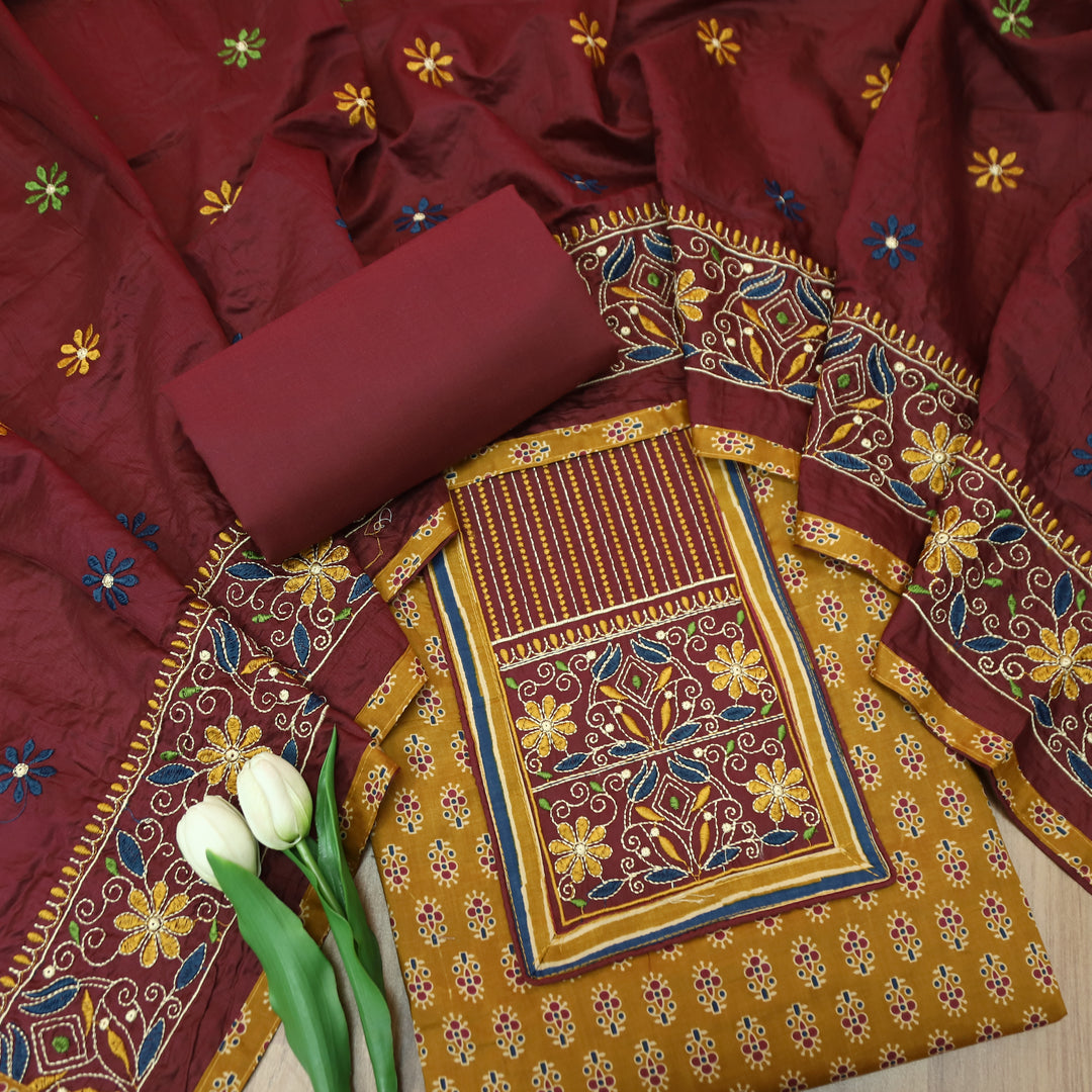 Maurya Peanut Beige Embroidered Neck Yoke with Ajrak Print Cotton Set