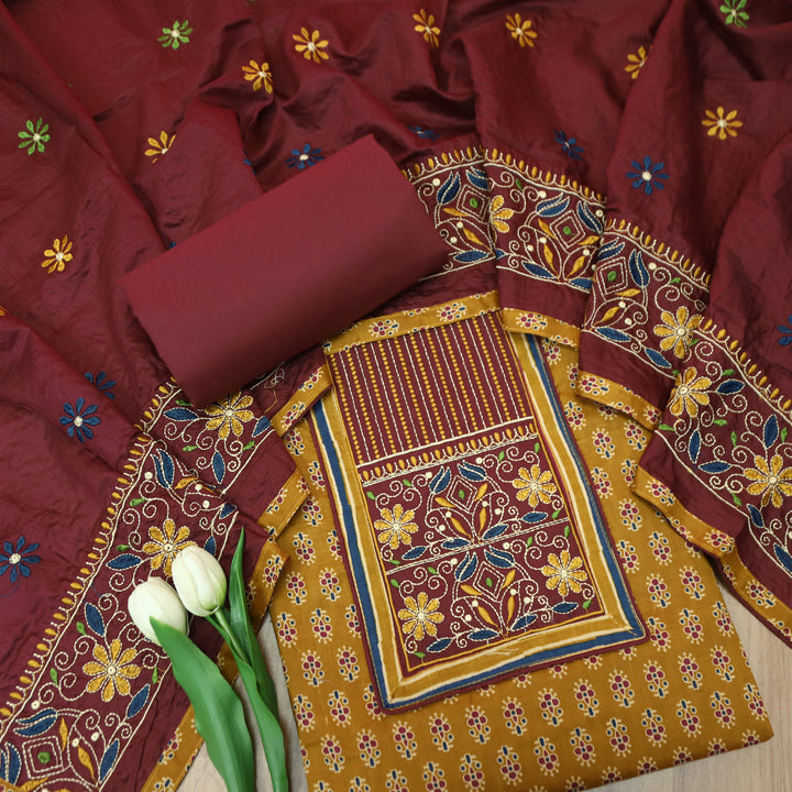Maurya Peanut Beige Embroidered Neck Yoke with Ajrak Print Cotton Set