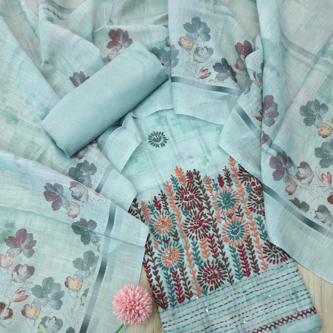 Zulfa Sea Blue Digital Printed Kantha Embriodery Hem Tissue Linen Suit Set