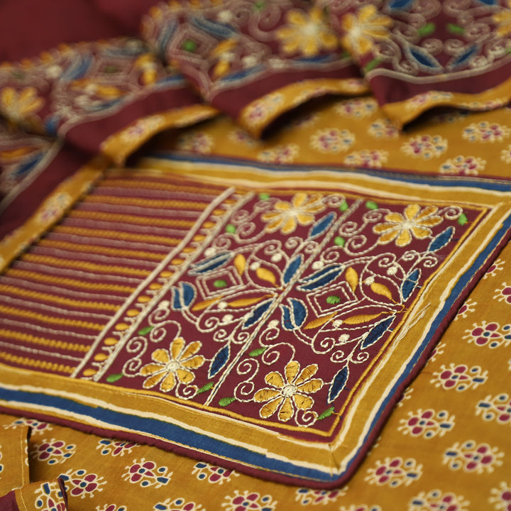 Maurya Peanut Beige Embroidered Neck Yoke with Ajrak Print Cotton Set