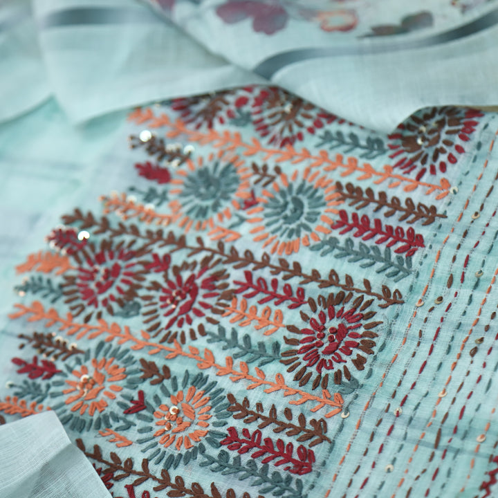 Zulfa Sea Blue Digital Printed Kantha Embriodery Hem Tissue Linen Suit Set