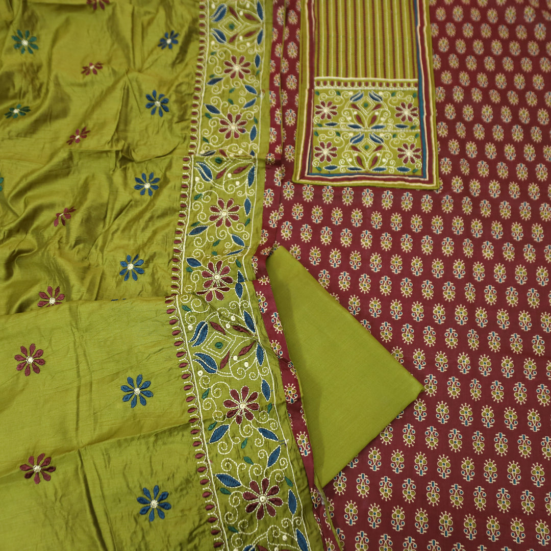 Maurya Mahogany Maroon Embroidered Neck Yoke with Ajrak Print Cotton Set
