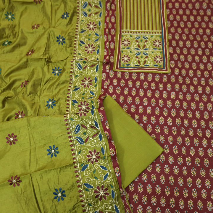 Maurya Mahogany Maroon Embroidered Neck Yoke with Ajrak Print Cotton Set