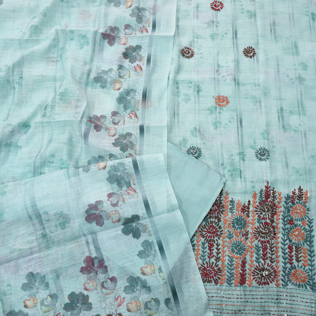 Zulfa Sea Blue Digital Printed Kantha Embriodery Hem Tissue Linen Suit Set