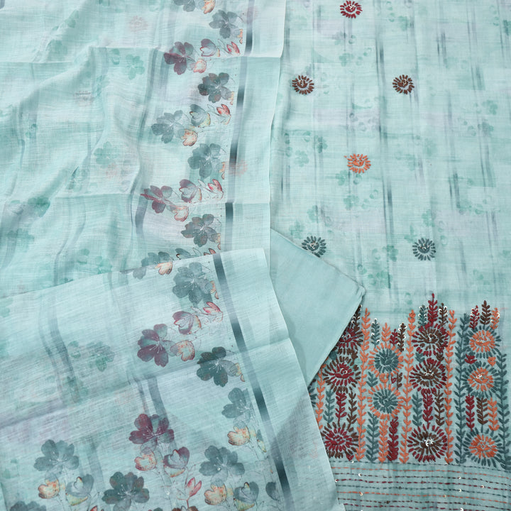 Zulfa Sea Blue Digital Printed Kantha Embriodery Hem Tissue Linen Suit Set
