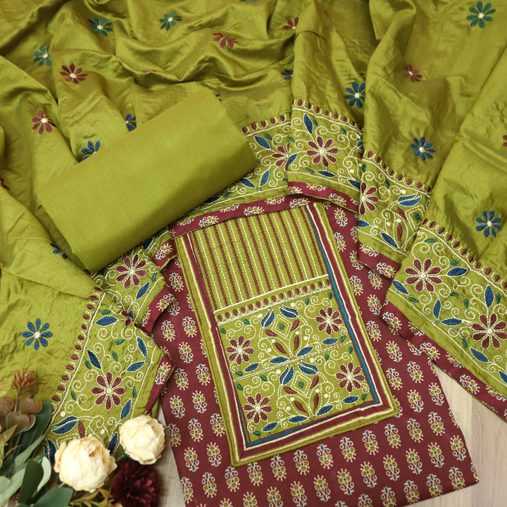 Maurya Mahogany Maroon Embroidered Neck Yoke with Ajrak Print Cotton Set