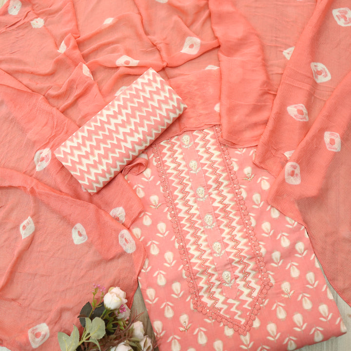 Paaki Coral Peach Lace with Kardana Work Cotton Suit Set