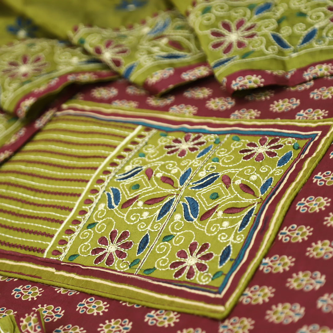 Maurya Mahogany Maroon Embroidered Neck Yoke with Ajrak Print Cotton Set