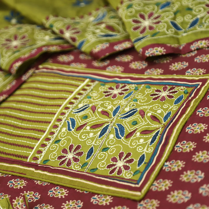 Maurya Mahogany Maroon Embroidered Neck Yoke with Ajrak Print Cotton Set