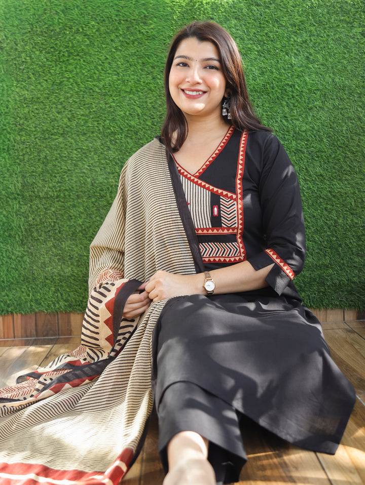 Jennie Black Angrakh Neck Cotton 3 Piece Set