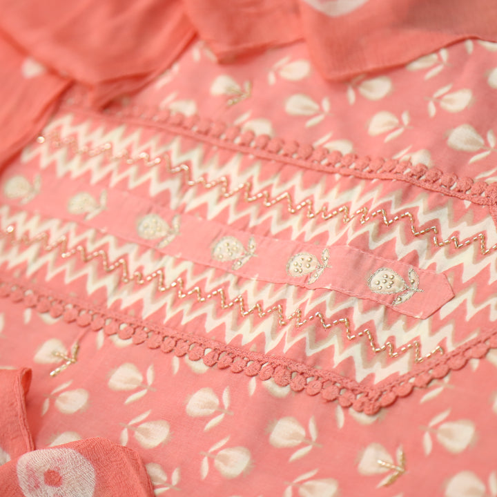 Paaki Coral Peach Lace with Kardana Work Cotton Suit Set