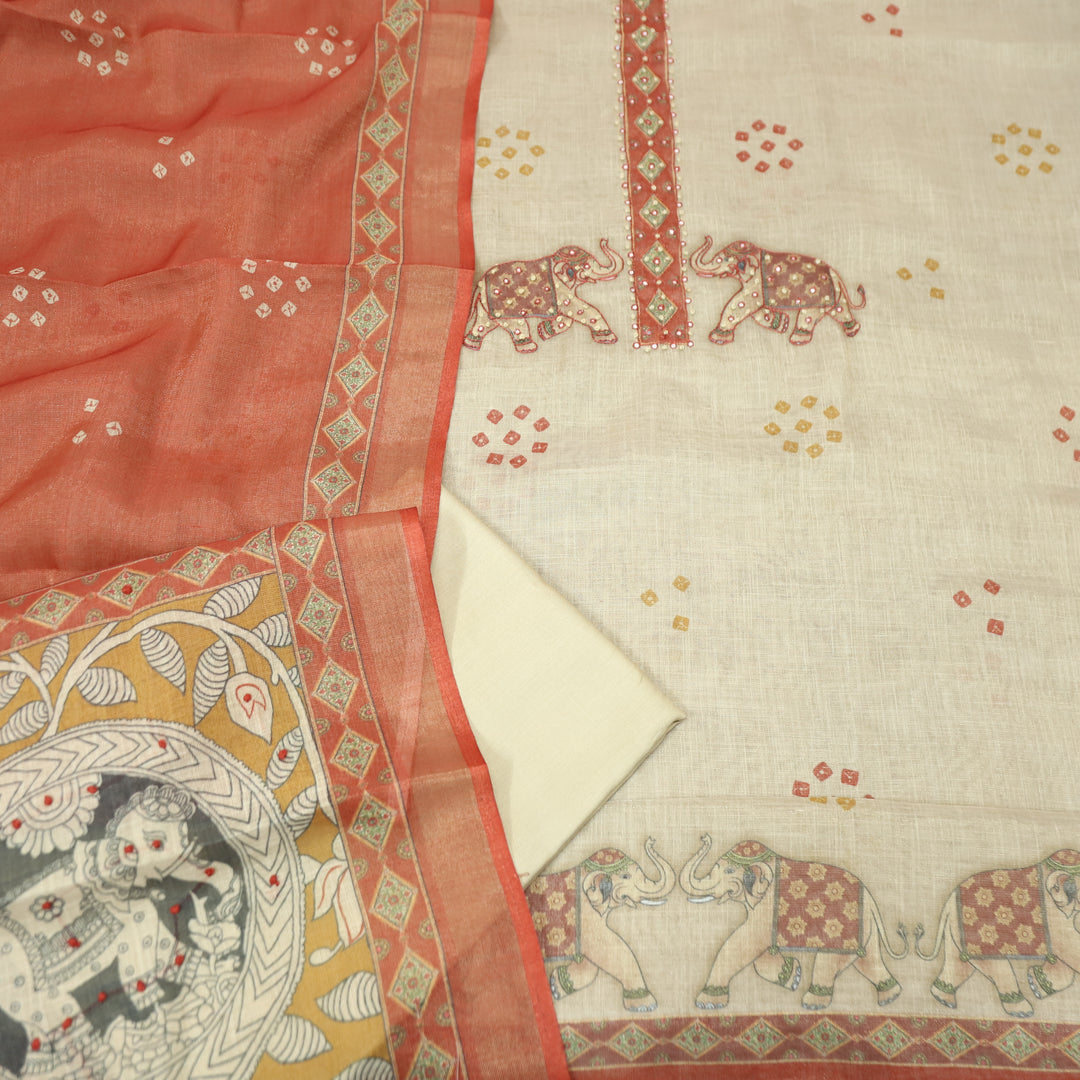 Bareli Off White Patra with Knot Patch Elephant Print Hem Shimmer Tissue Linen Set