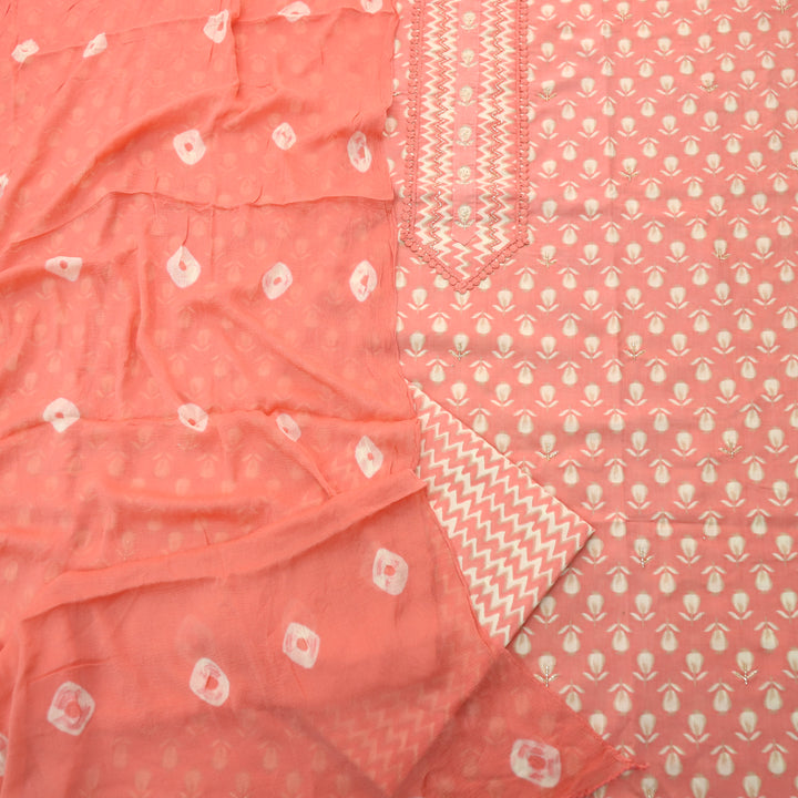 Paaki Coral Peach Lace with Kardana Work Cotton Suit Set
