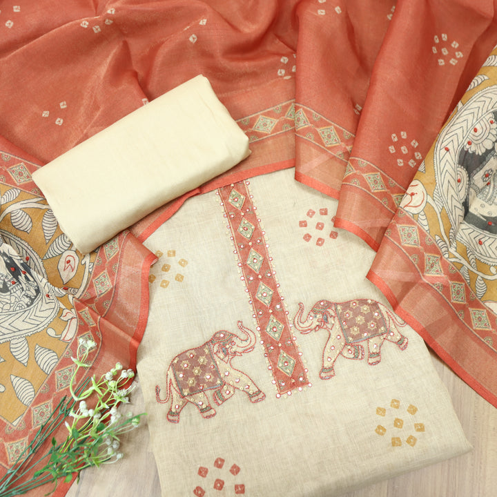 Bareli Off White Patra with Knot Patch Elephant Print Hem Shimmer Tissue Linen Set