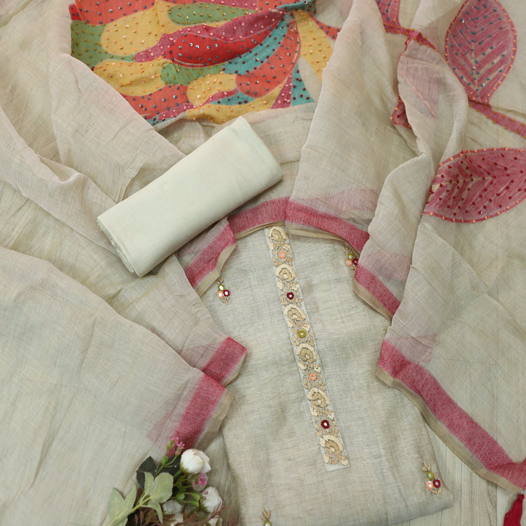 Hairat Sand Beoge Kantha Work Neck with Mirror Chanderi Suit Set