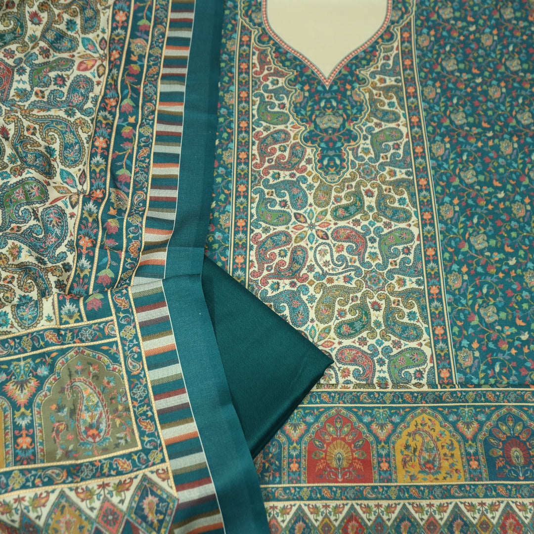 विशाखा Cerulean Teal Panel Style Digital Kashmiri Printed Semi Pashmina Winter Suit Set