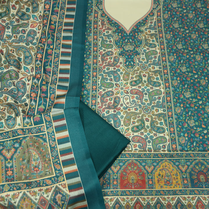 विशाखा Cerulean Teal Panel Style Digital Kashmiri Printed Semi Pashmina Winter Suit Set