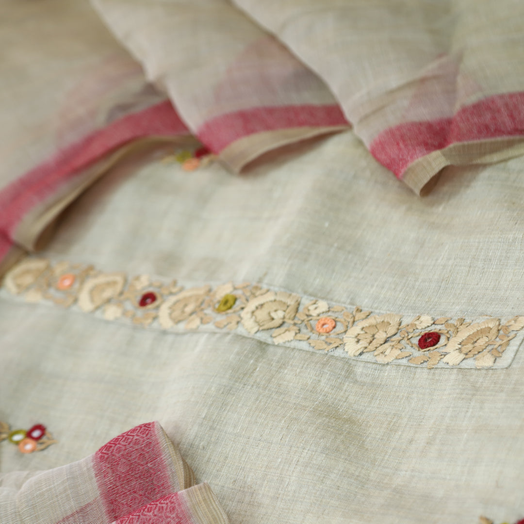 Hairat Sand Beoge Kantha Work Neck with Mirror Chanderi Suit Set