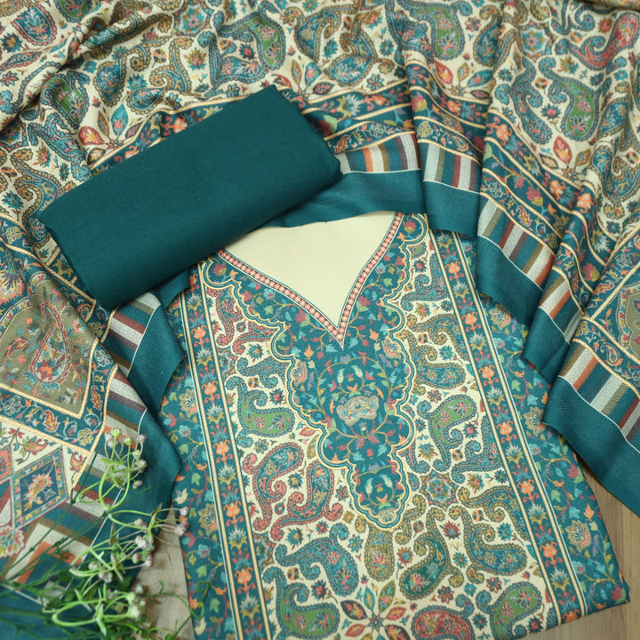 विशाखा Cerulean Teal Panel Style Digital Kashmiri Printed Semi Pashmina Winter Suit Set