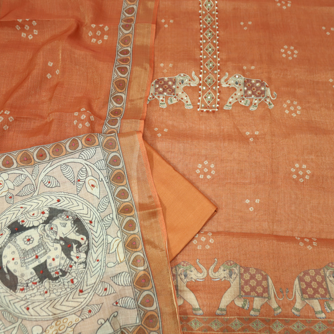 Bareli Burnt Rust Patra with Knot Patch Elephant Print Hem Shimmer Tissue Linen Set
