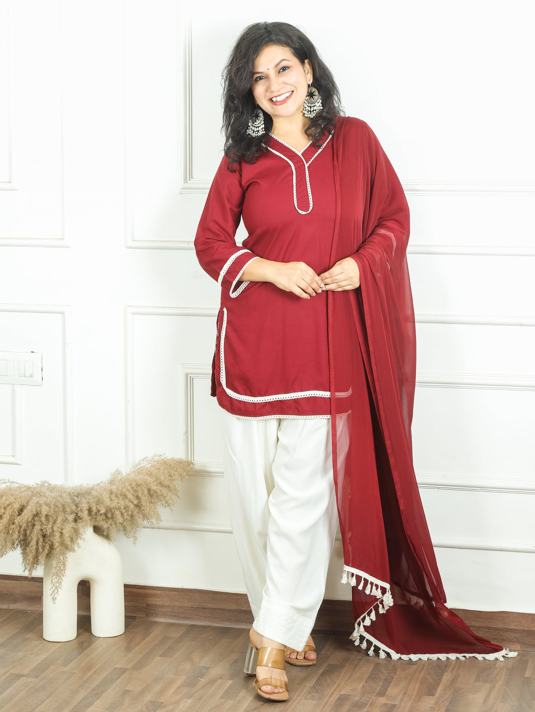 Ahana Maroon Wine Lace Work Farsi Cotton 3 Piece Set