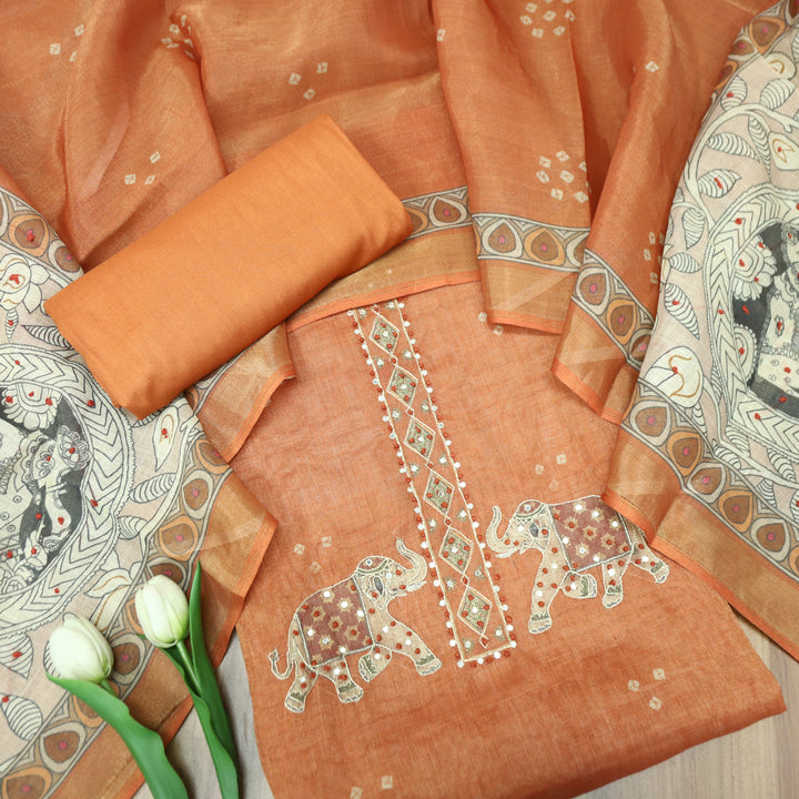 Bareli Burnt Rust Patra with Knot Patch Elephant Print Hem Shimmer Tissue Linen Set