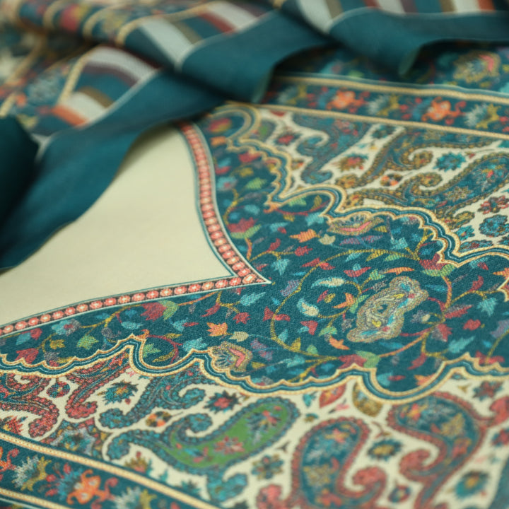 विशाखा Cerulean Teal Panel Style Digital Kashmiri Printed Semi Pashmina Winter Suit Set