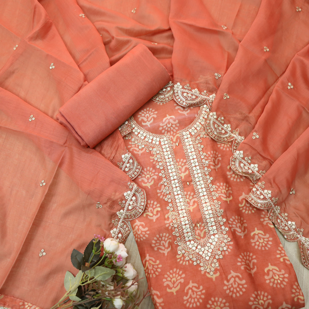Ishaani Fire Orange Embellish Zari Neck Work Printed Modal Suit Set