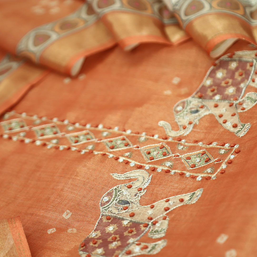 Bareli Burnt Rust Patra with Knot Patch Elephant Print Hem Shimmer Tissue Linen Set