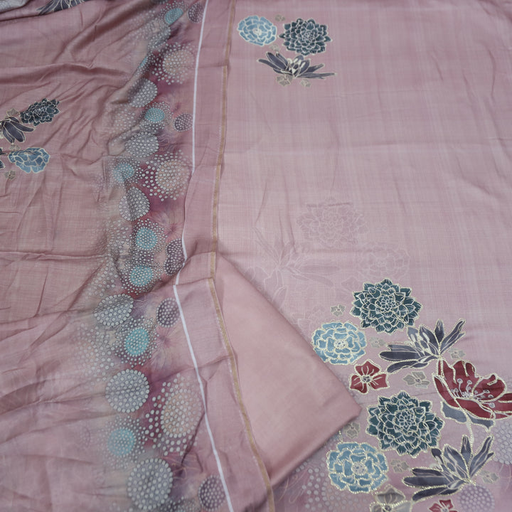 वैष्णवी Soft Mauve Chain Style Zari Digital Floral Print Semi Pashmina Winter Set