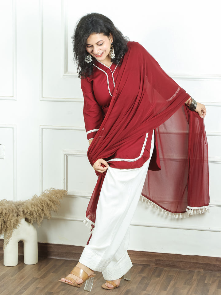 Ahana Maroon Wine Lace Work Farsi Cotton 3 Piece Set