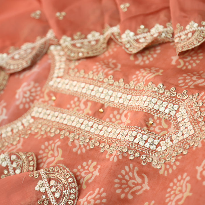 Ishaani Fire Orange Embellish Zari Neck Work Printed Modal Suit Set