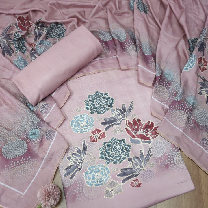 वैष्णवी Soft Mauve Chain Style Zari Digital Floral Print Semi Pashmina Winter Set