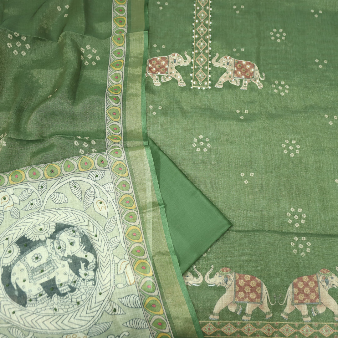 Bareli Pine Green Patra with Knot Patch Elephant Print Hem Shimmer Tissue Linen Set