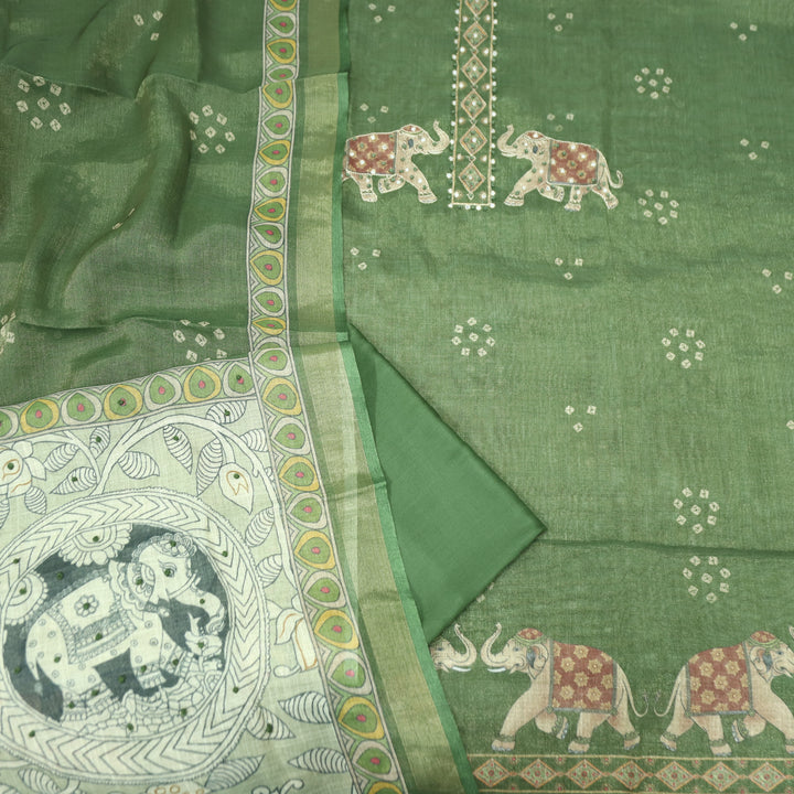 Bareli Pine Green Patra with Knot Patch Elephant Print Hem Shimmer Tissue Linen Set