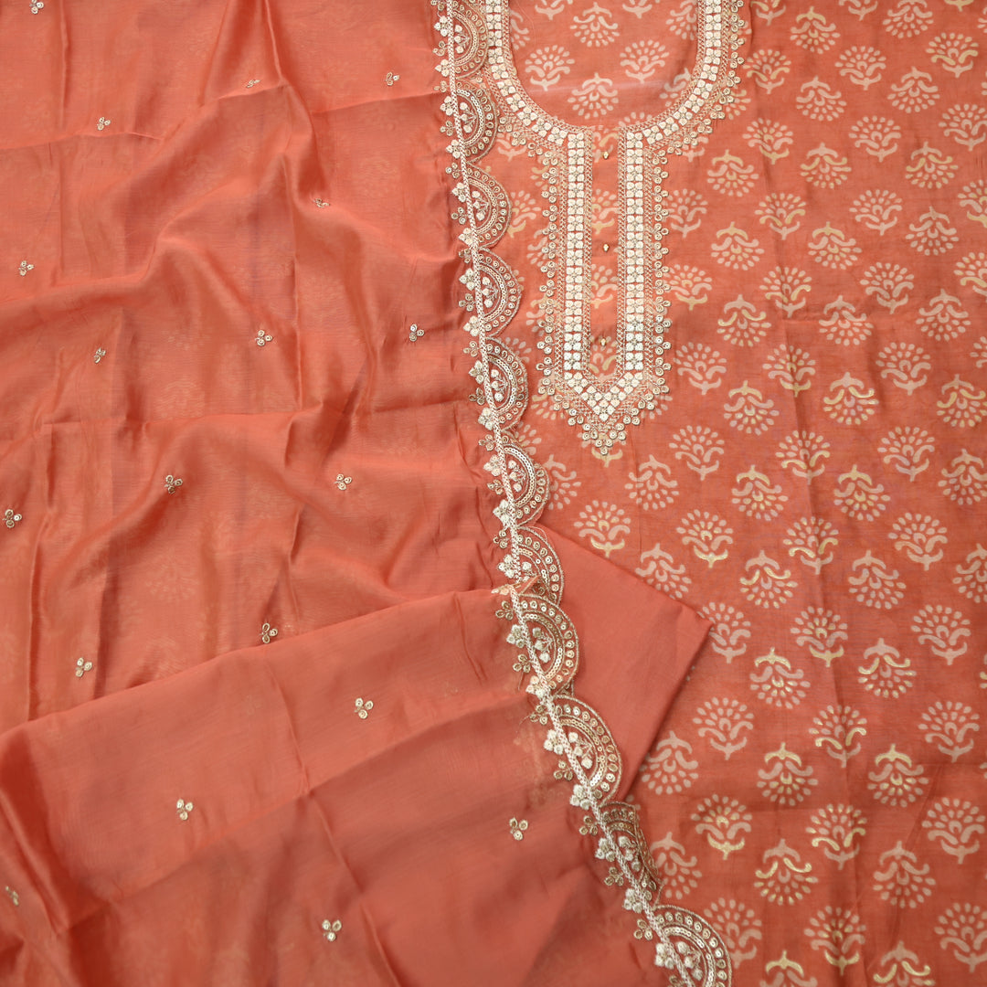 Ishaani Fire Orange Embellish Zari Neck Work Printed Modal Suit Set