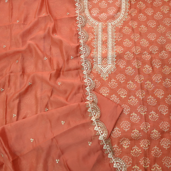 Ishaani Fire Orange Embellish Zari Neck Work Printed Modal Suit Set