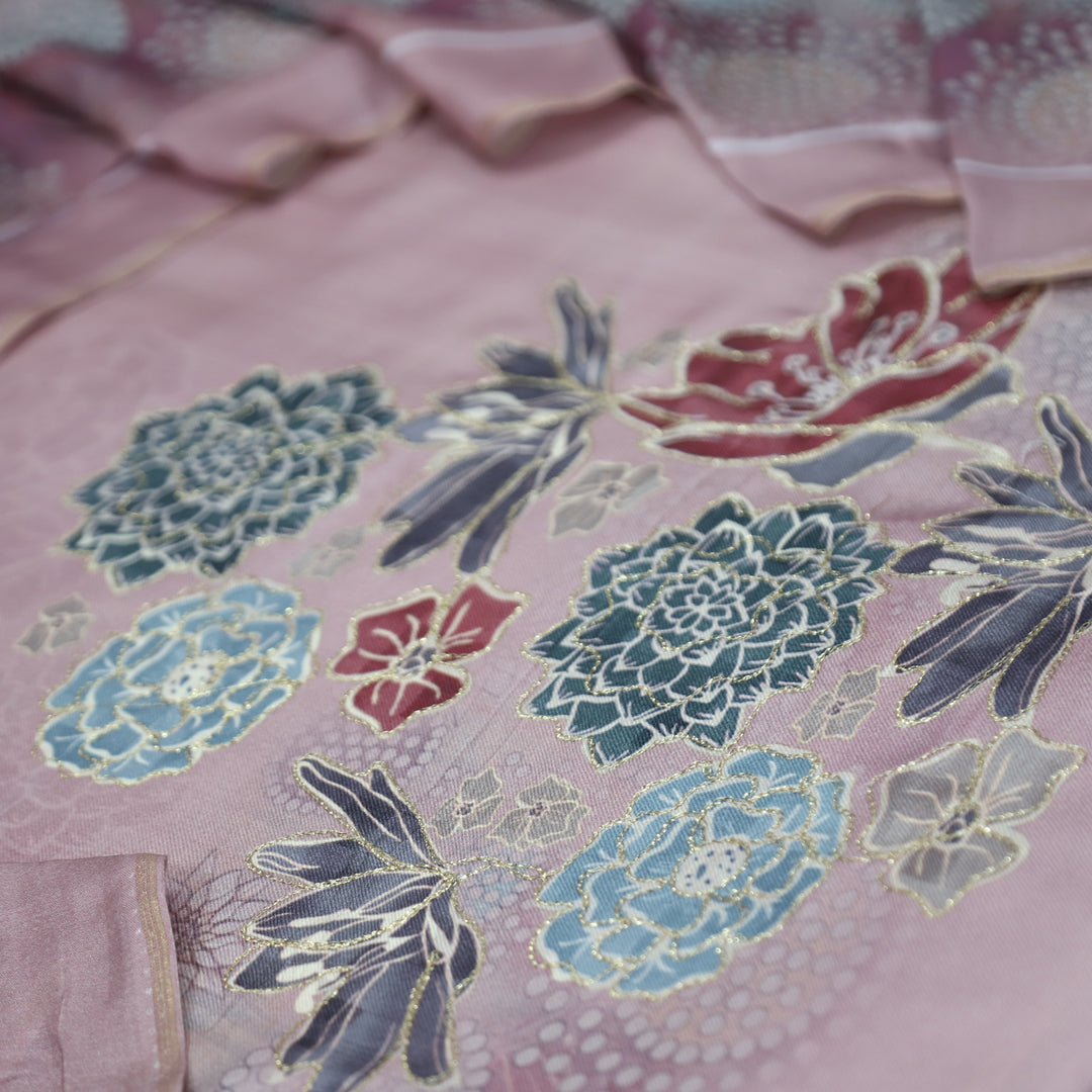 वैष्णवी Soft Mauve Chain Style Zari Digital Floral Print Semi Pashmina Winter Set