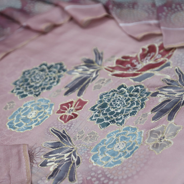 वैष्णवी Soft Mauve Chain Style Zari Digital Floral Print Semi Pashmina Winter Set