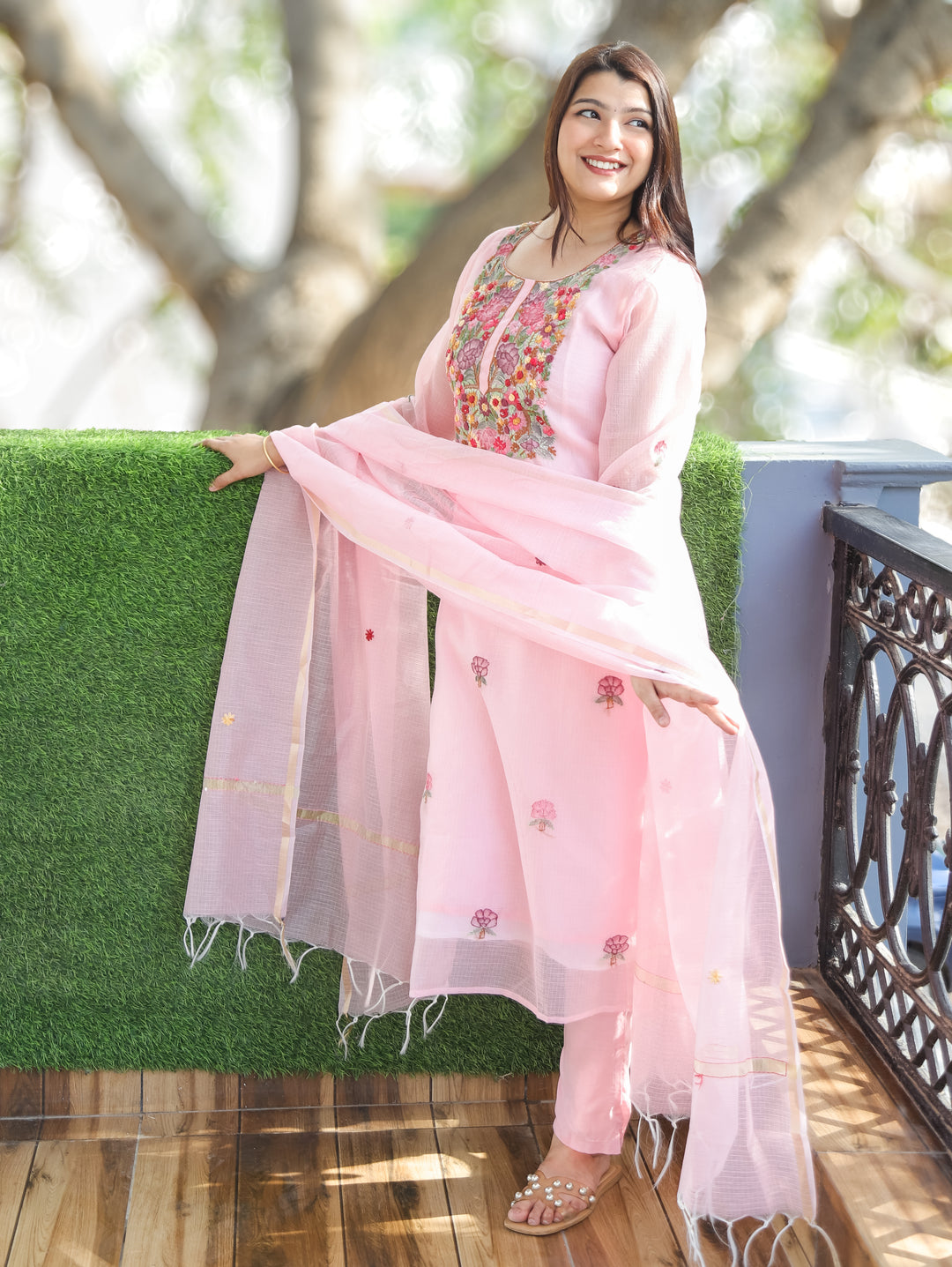 Jane Candy Pink Kolkata Hand Embroidery Kota Doriya Set