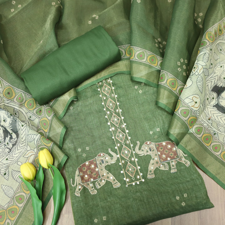 Bareli Pine Green Patra with Knot Patch Elephant Print Hem Shimmer Tissue Linen Set