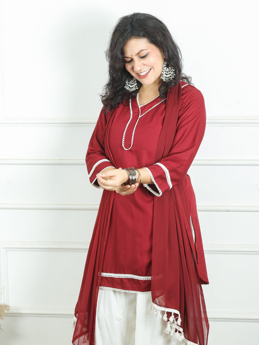 Ahana Maroon Wine Lace Work Farsi Cotton 3 Piece Set